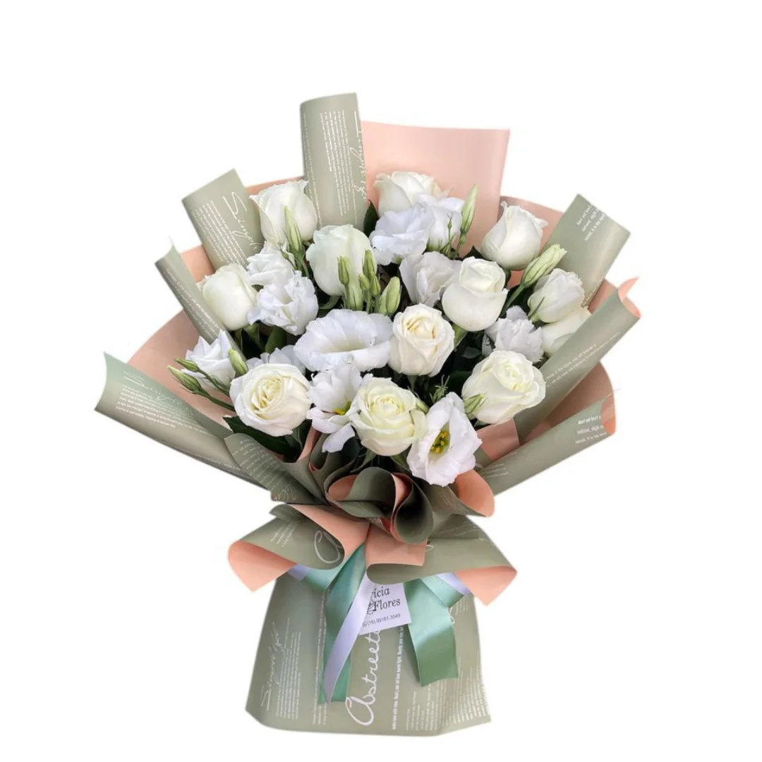 Buquê Linha Premium Rosas Brancas e Lizianthus