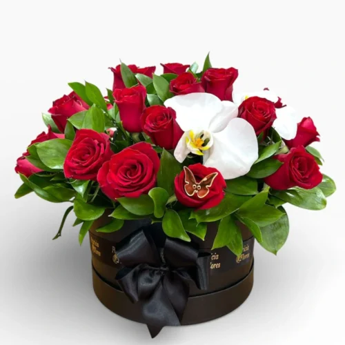Box com 25 Rrosas e 2 Flores de Orquidea